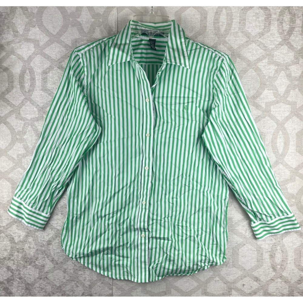 Lauren Ralph Lauren Shirt Women Medium Green White Striped Cotton Button Down